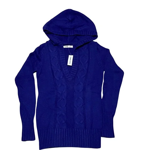 Old Navy Women Royal Blue Cable Knit Hooded V Neck Sweater Long Sleeve XS NWT - Picture 1 of 7